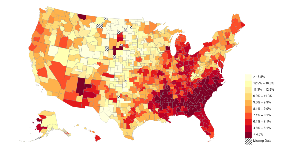 Pictured above: Children’s chances of reaching top 20% of income distribution given parents in bottom 20%